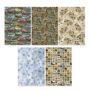 Pack Set Bundle 5 FQ Tim Coffey Vintage Travel Cotton Fabric 18x21" Cars Stamps